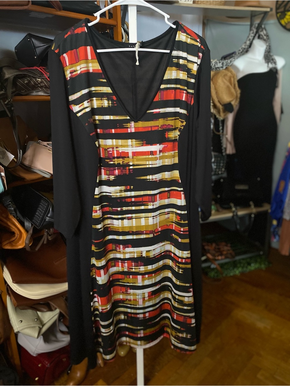NWOT V-Neck Long Sleeve Dress in Black with Red & Gold Stripes